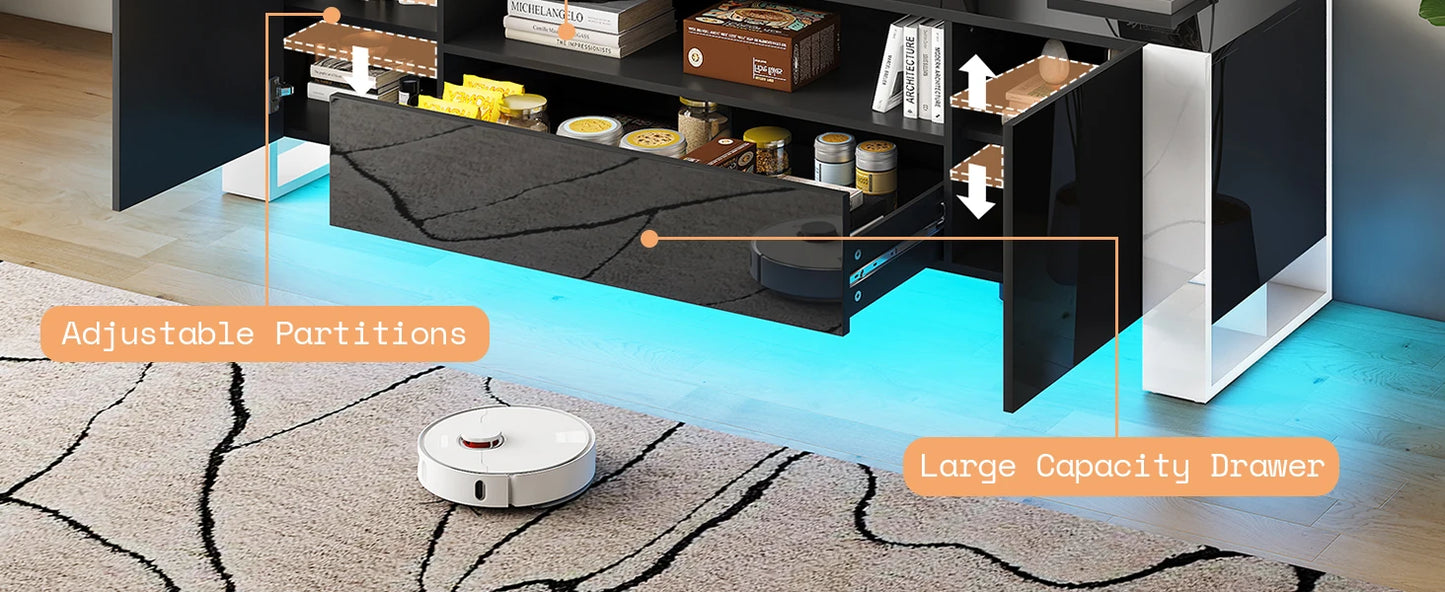 Modern 70 Inch TV Stand with LED Lights High Gloss Entertainment Center