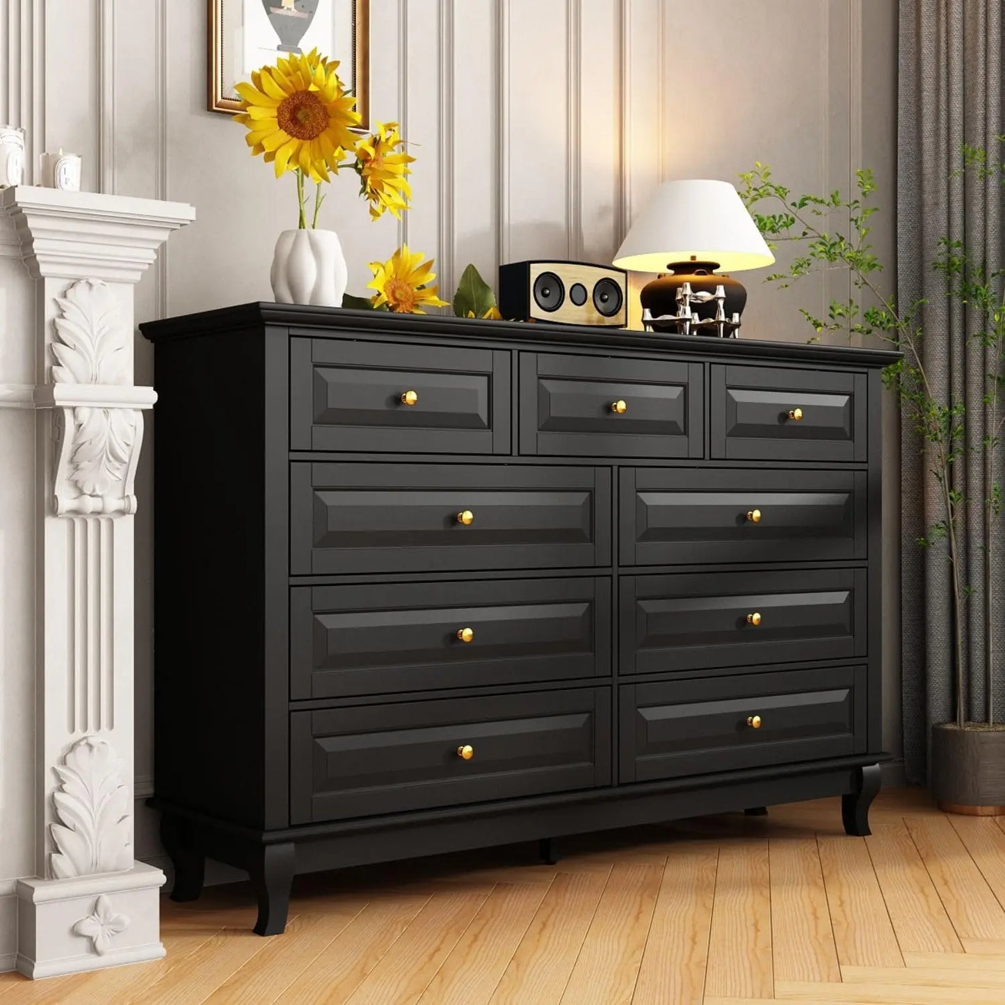 9 Drawer Dresser Modern Black Chest of Drawers Wide Storage for Bedroom