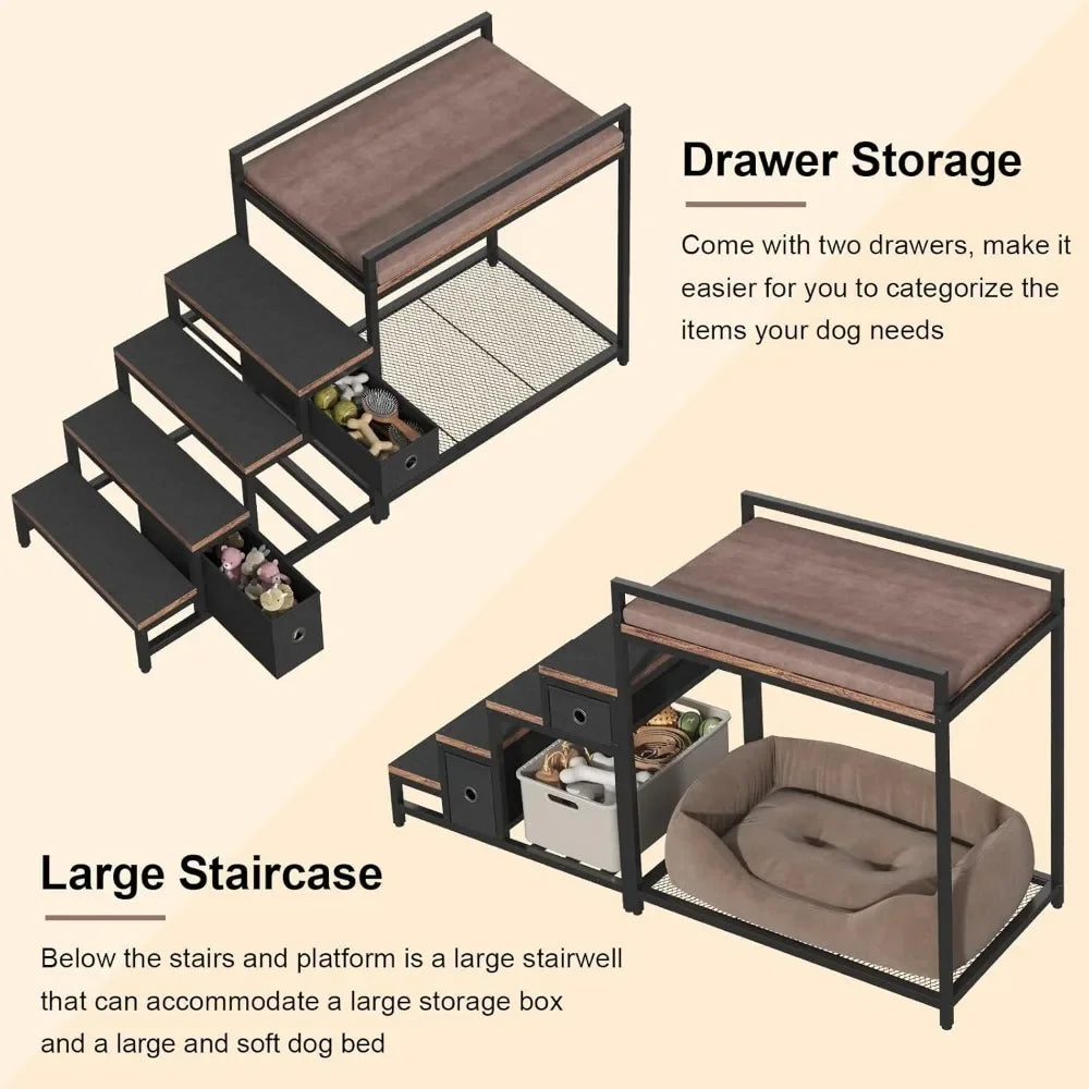 Pet Bunk Bed with Stairs Storage Multi-Level Elevated Bed for Cats Dogs