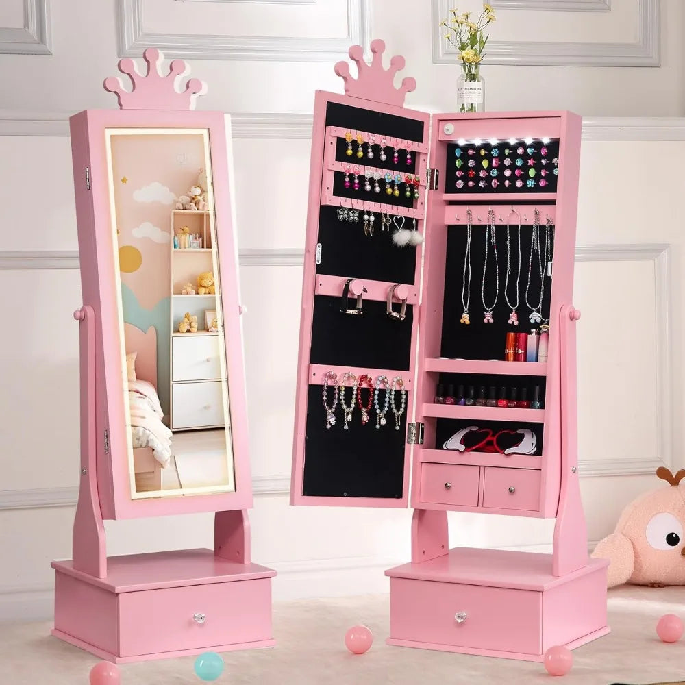 Kids Jewelry Armoire Cabinet with Mirror LED Light Organizer Storage