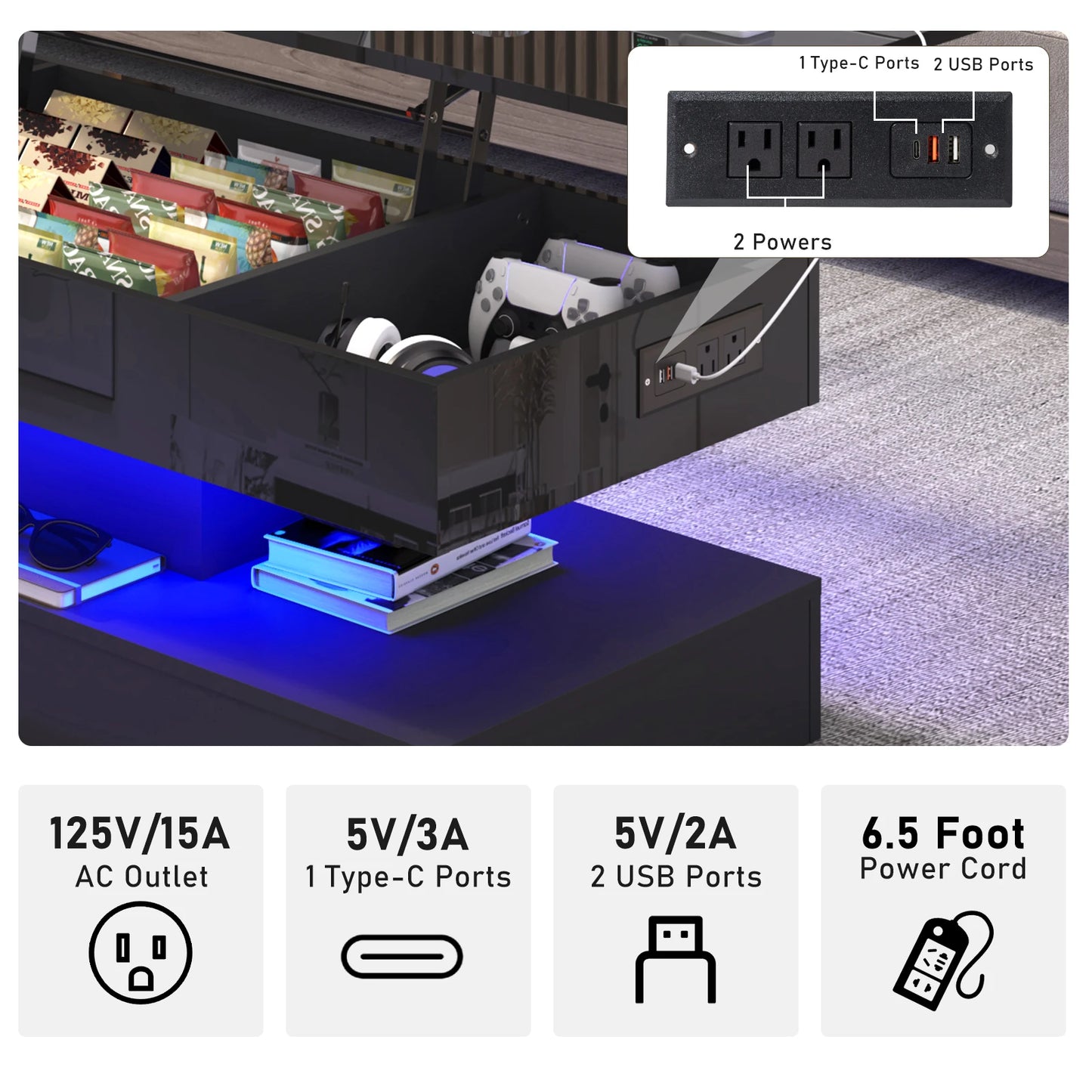 Ljustra LED Coffee Table High Gloss Modern Center Table with Storage