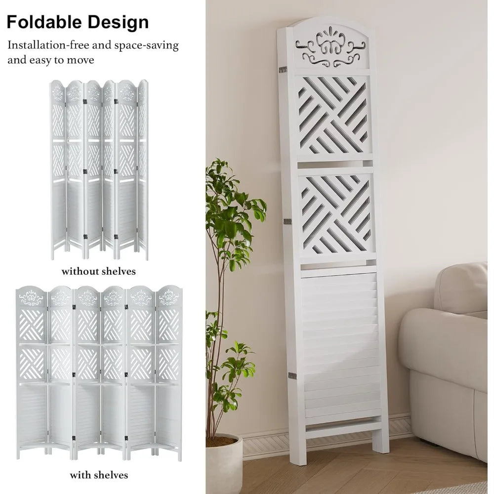 Room Divider with Shelves 5.75ft Tall Folding Wood Carved Screen