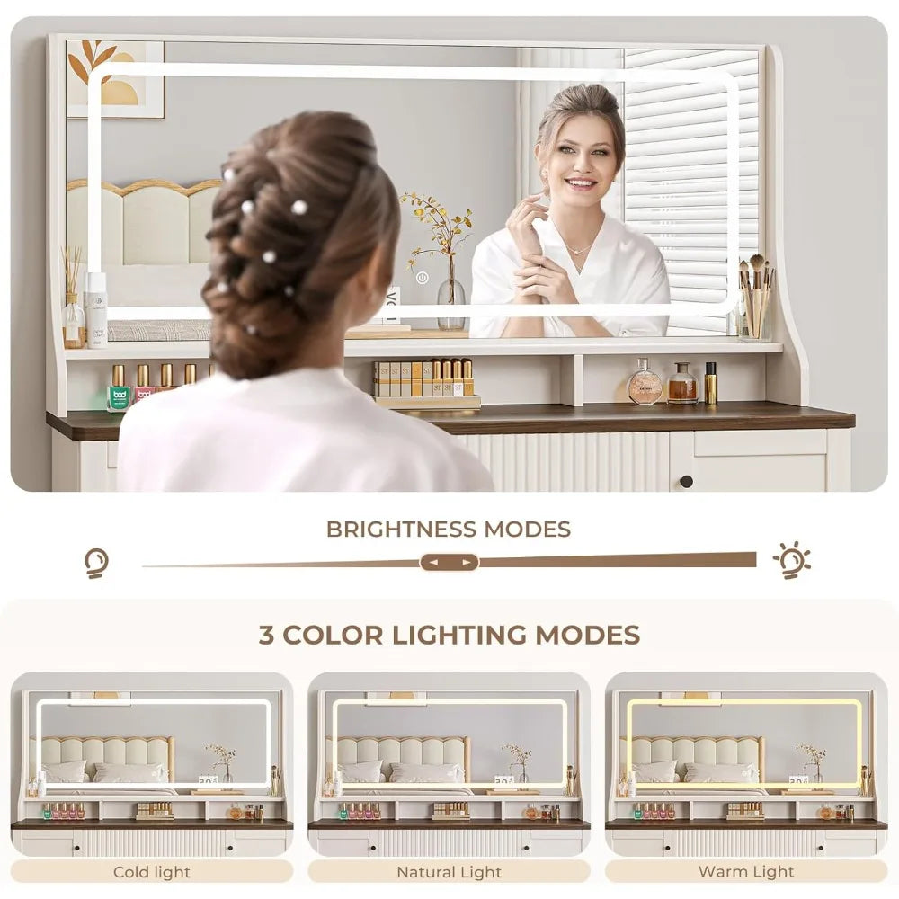 46.5 Inch Makeup Vanity Desk with Mirror LED Light and Storage Cabinets