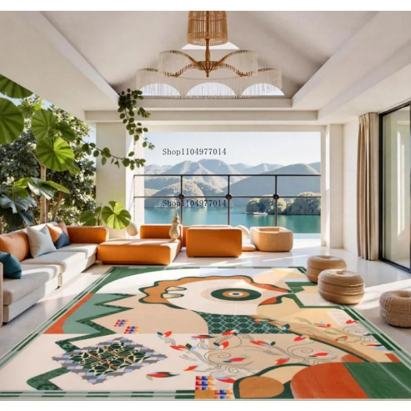 Green Living Room Rug Soft Non-Slip Abstract Machine Washable Indoor Rug