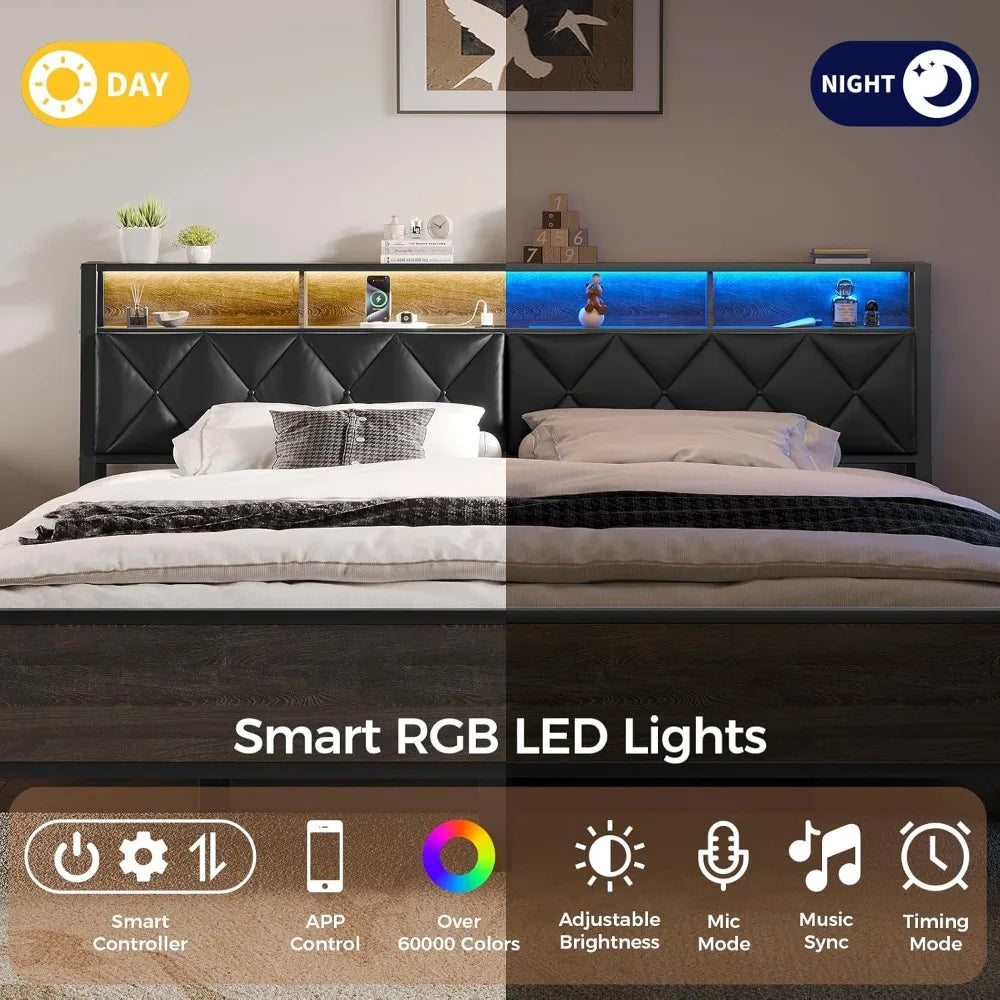 Headboard for Queen Bed with Storage LED Lights Charging Station