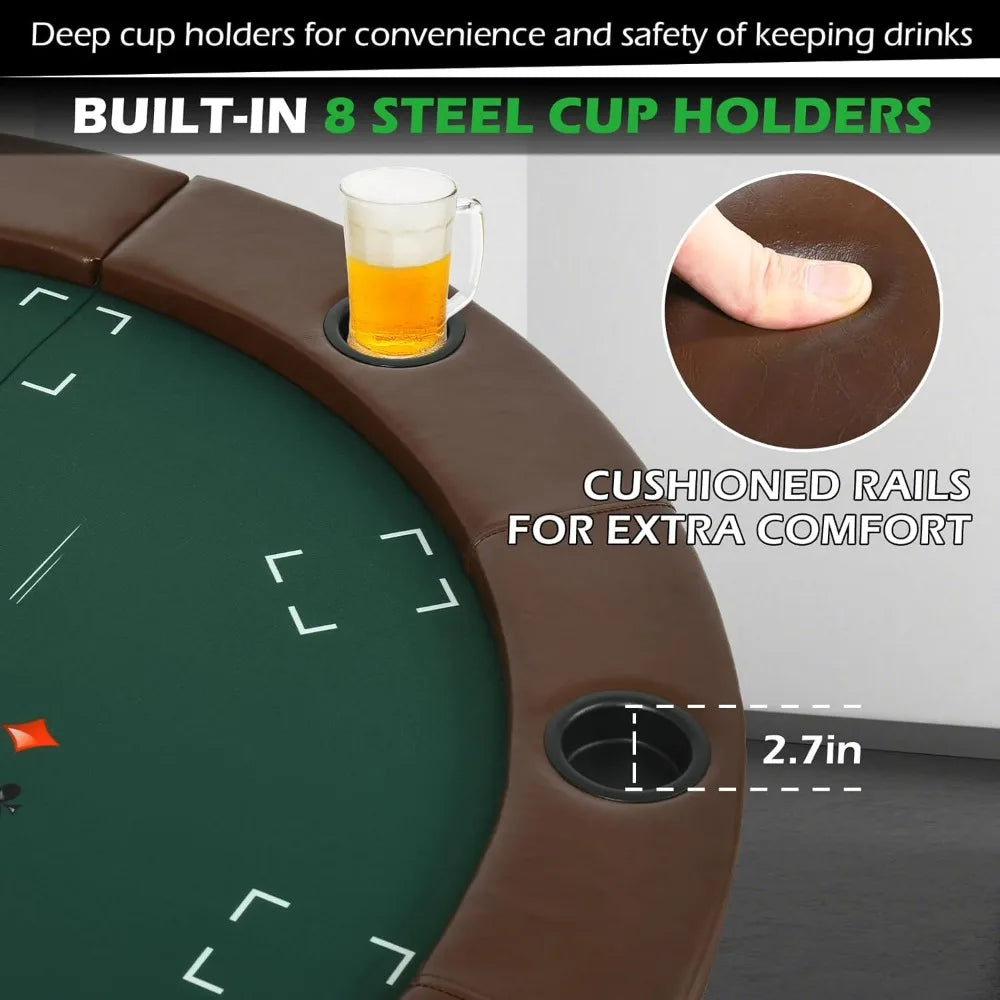 Foldable Round Poker Table for 8 Players with Cup Holders and Padded Rails