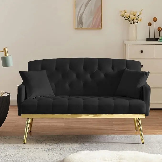 55 Inch Modern Velvet Loveseat Sofa with Gold Legs and Side Pockets