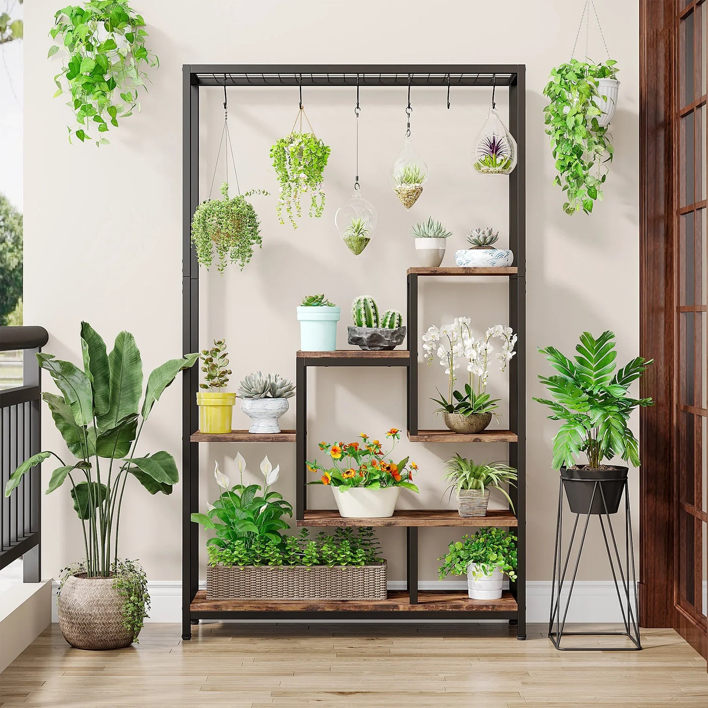 Ljustra 5 Tier Tall Indoor Plant Stand Shelf with Hanging Hooks