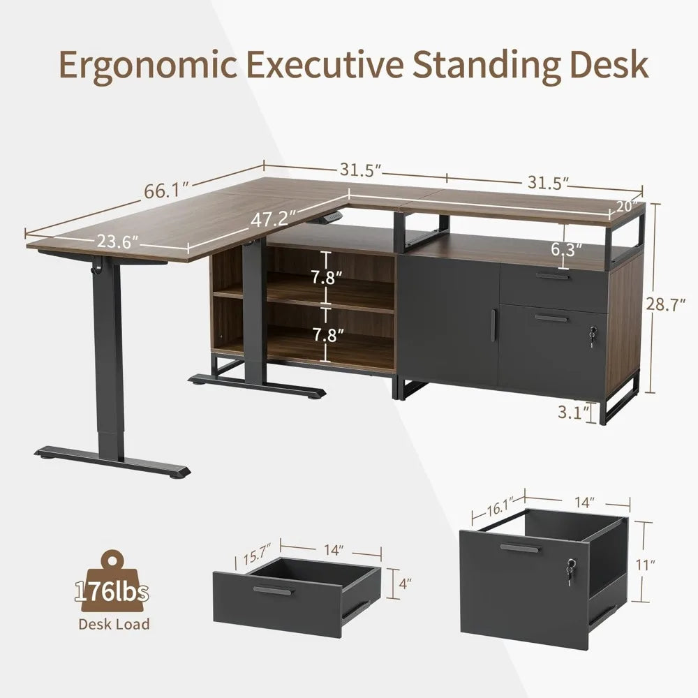 Electric Standing Desk Adjustable Height L-Shaped Executive Desk With Storage