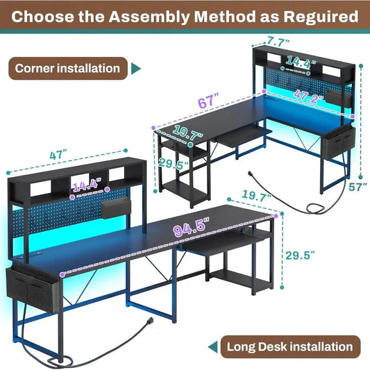 L Shaped Gaming Desk with USB Outlet LED Lights and Keyboard Tray