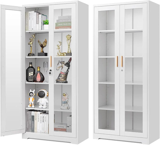 Display Cabinet Glass Doors Metal Curio Lock Shelves 71 Inch Tall Case