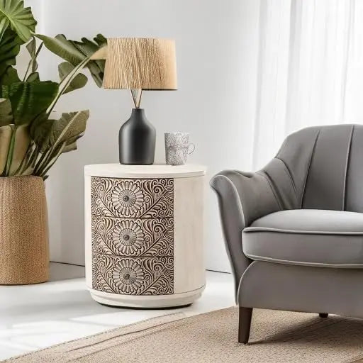 3 Drawer Chest Nightstand MDF Round Storage Cabinet Retro Whitewash