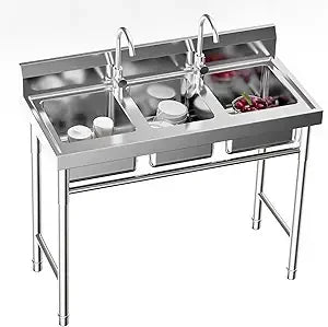 3 Compartment Stainless Steel Utility Sink with Hot Cold Faucets