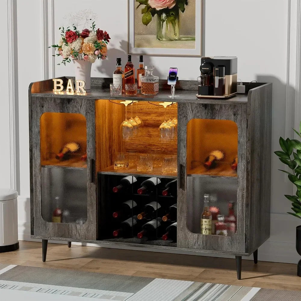 Liquor Cabinet Bar with Power Outlet LED Light Wine Storage Kitchen
