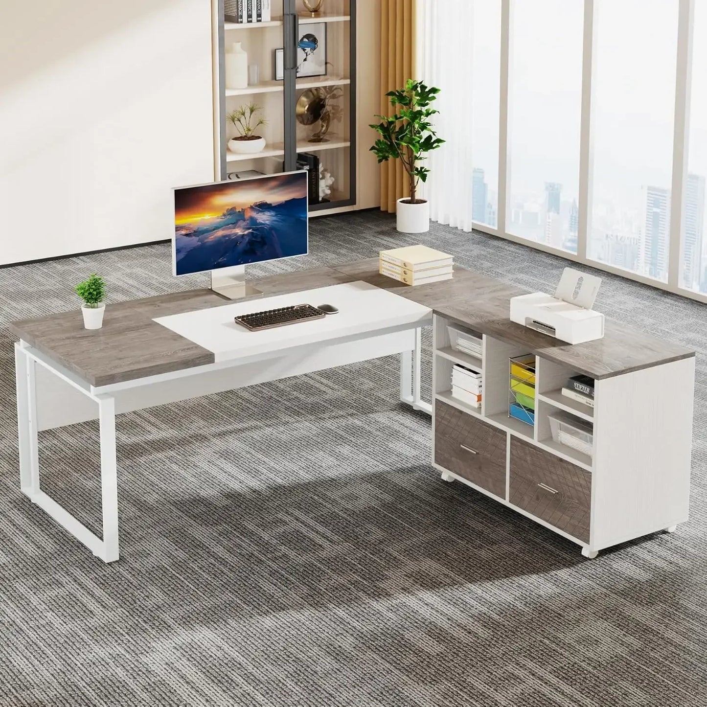 L-Shaped Executive Desk with Reversible File Cabinet Office Desk Set