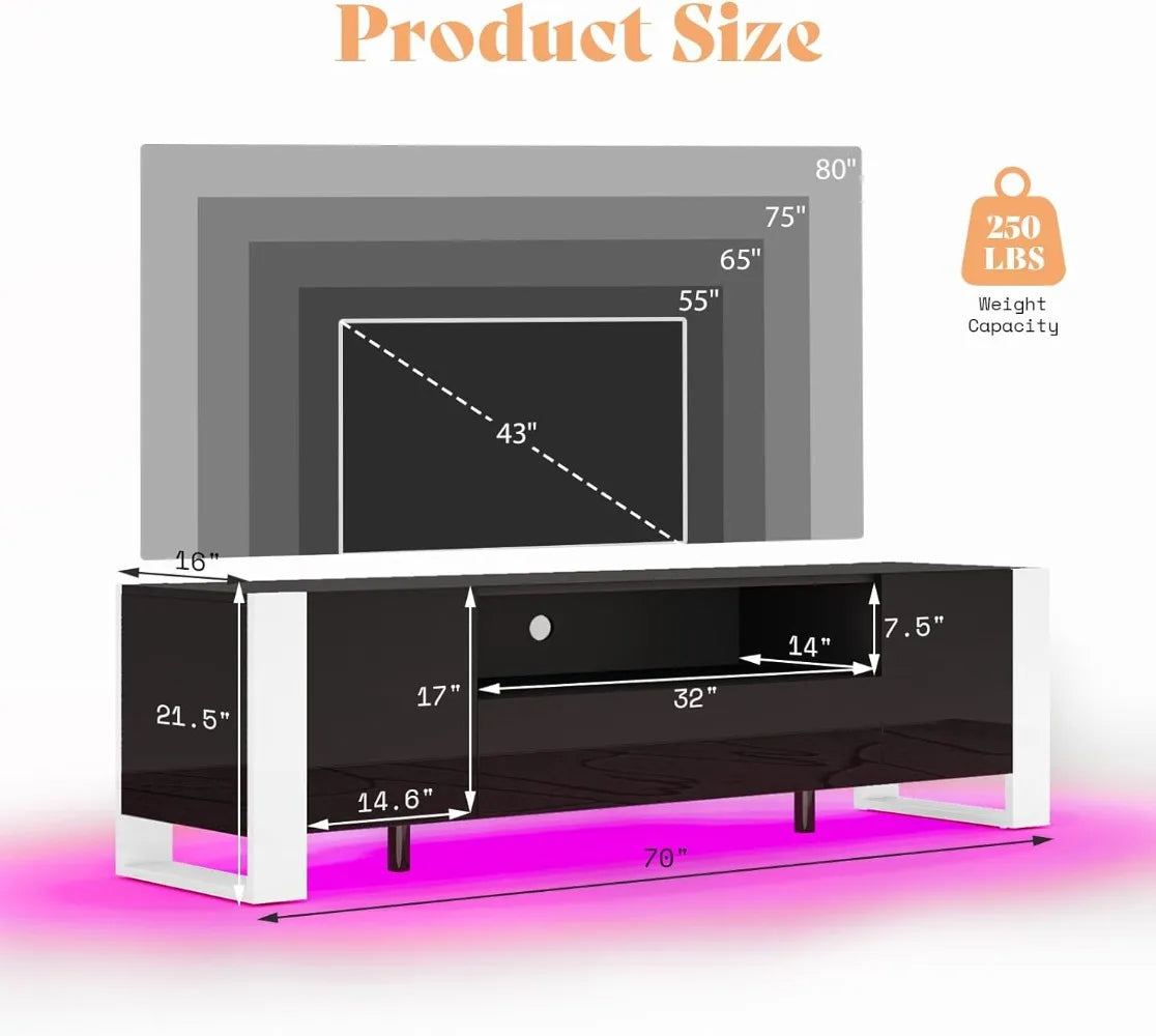 Modern 70 Inch TV Stand with LED Lights High Gloss Entertainment Center