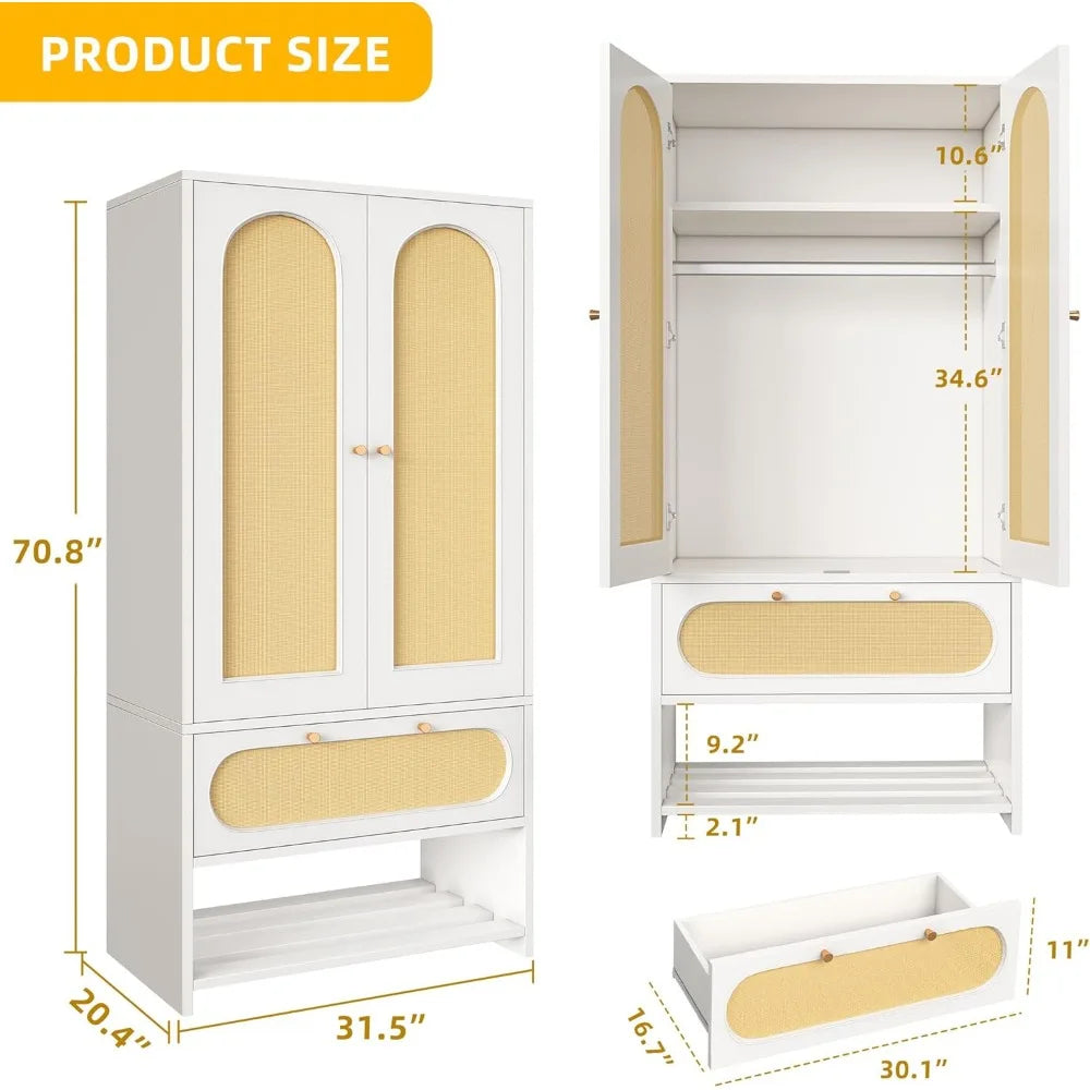 Rattan Wardrobe Closet 70 Inch Tall Large Armoire Storage Cabinet