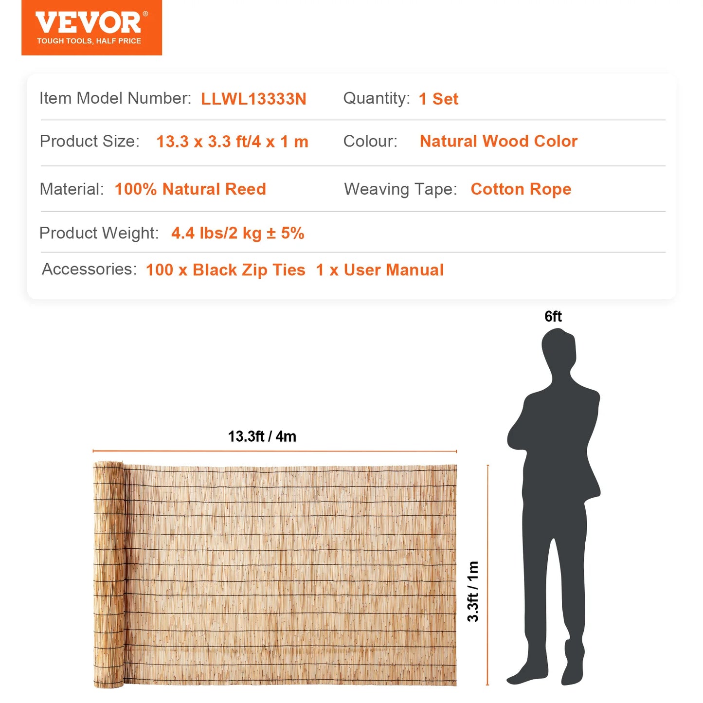 Natural Reed Fencing Roll 3.3ft x 13.3ft Outdoor Privacy Screen