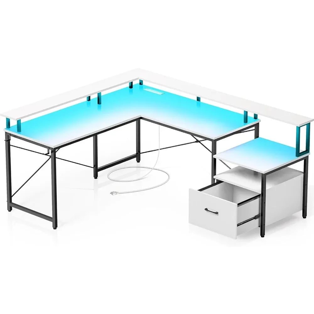 L Shaped Computer Desk with File Drawer Power Outlet LED Strip 64 Inch