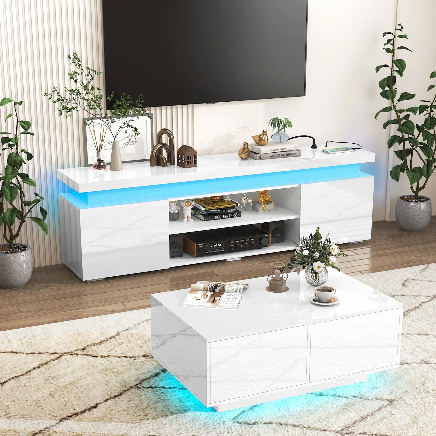 66 Inch LED TV Stand Modern Gaming Cabinet with Power Outlet Storage