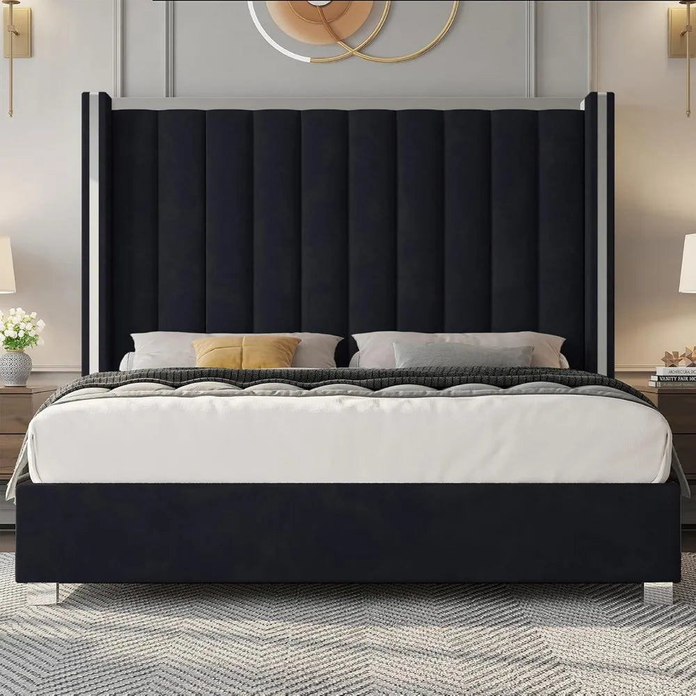 Jocisland King Size Velvet Bed Frame with Tall Headboard and Tufting