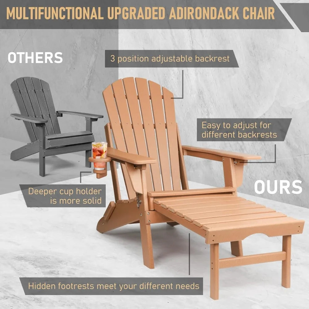 Adjustable Folding Adirondack Chairs Set of 2 with Ottoman Cup Holder