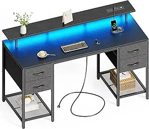 55 Inch Computer Desk with Drawers LED Lights Power Outlets Gaming Desk