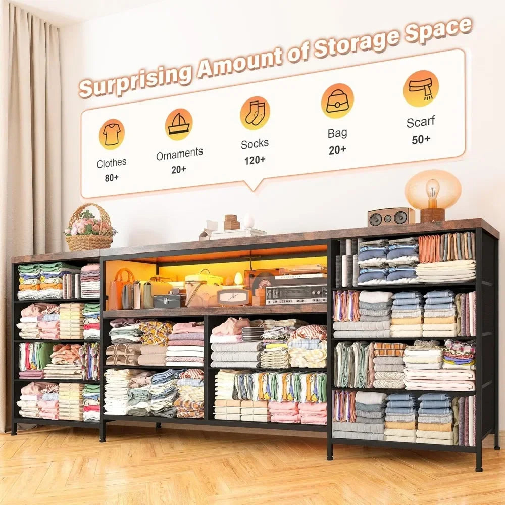 Ljustra 75 Inch TV Stand Dresser with LED Lights 12 Drawers and Outlets