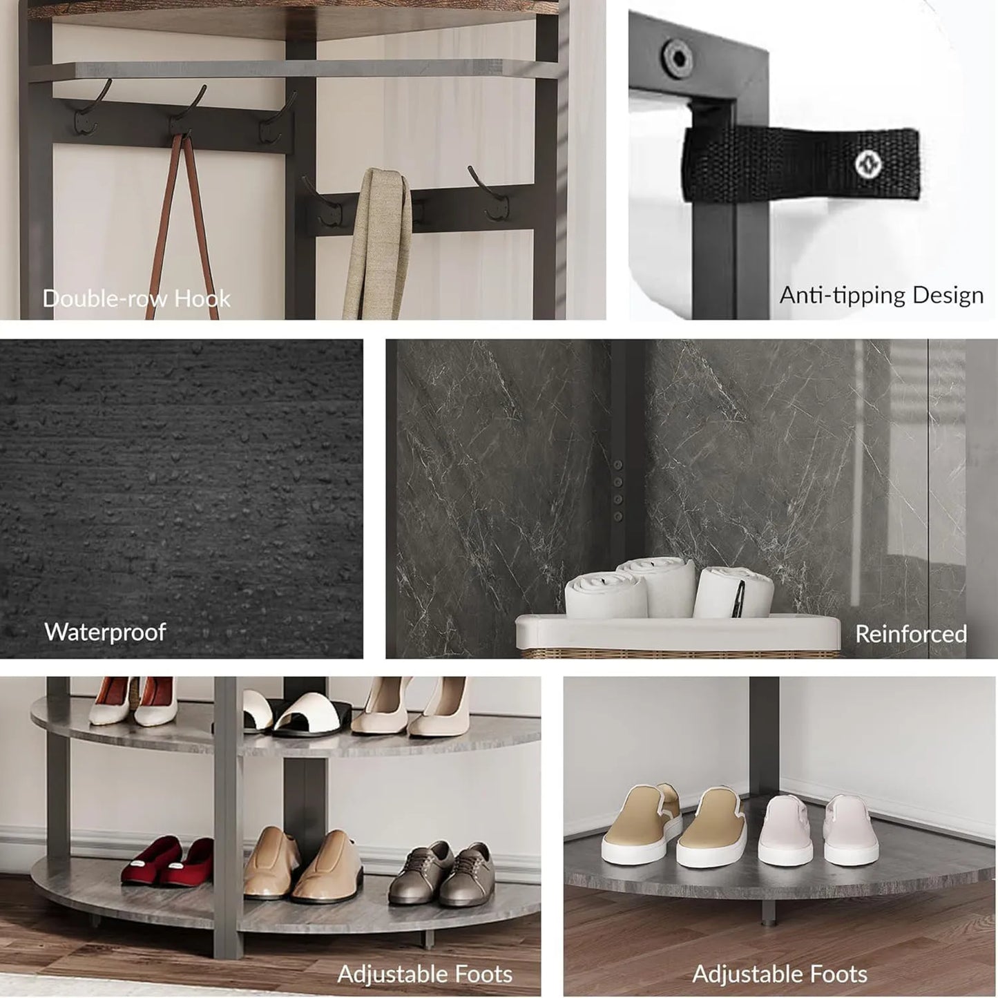 Ljustra Corner Coat Rack Stand Freestanding Hall Tree with 6 Hooks 3 Shelves