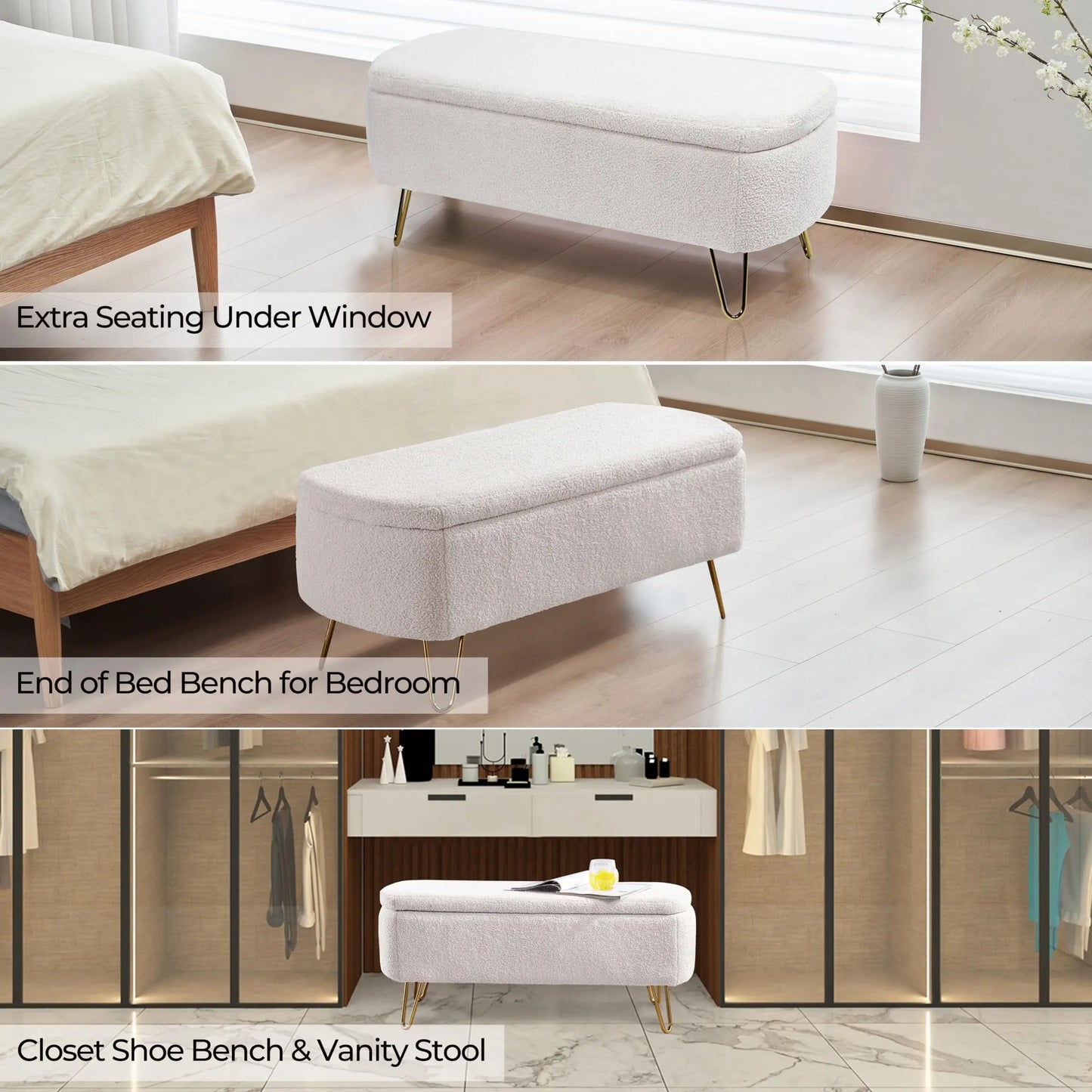 40 Inch Boucle Sherpa Ottoman Bench Storage Upholstered Gold Legs