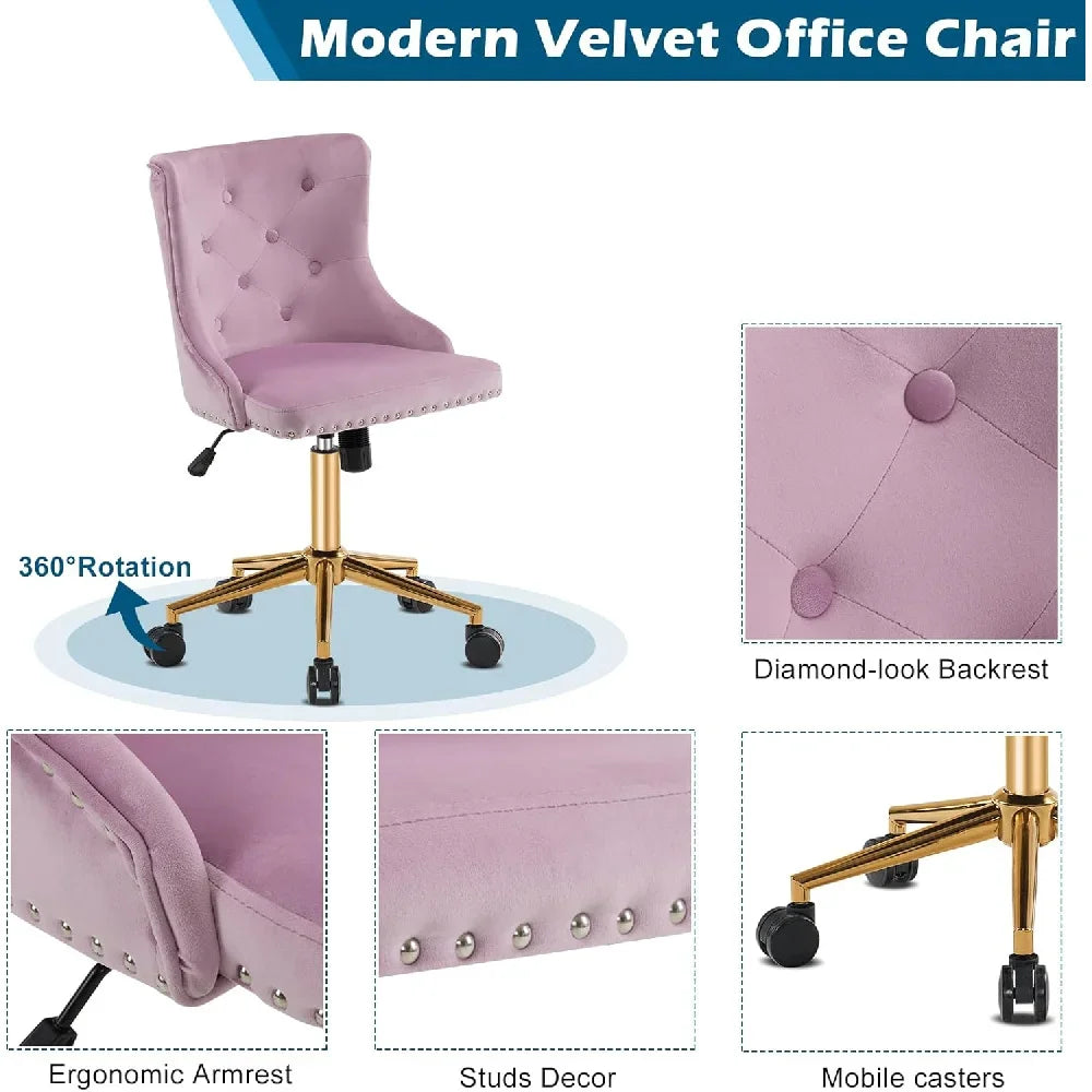 Mauve Purple Armless Home Office Desk Chair with Gold Base and Wheels