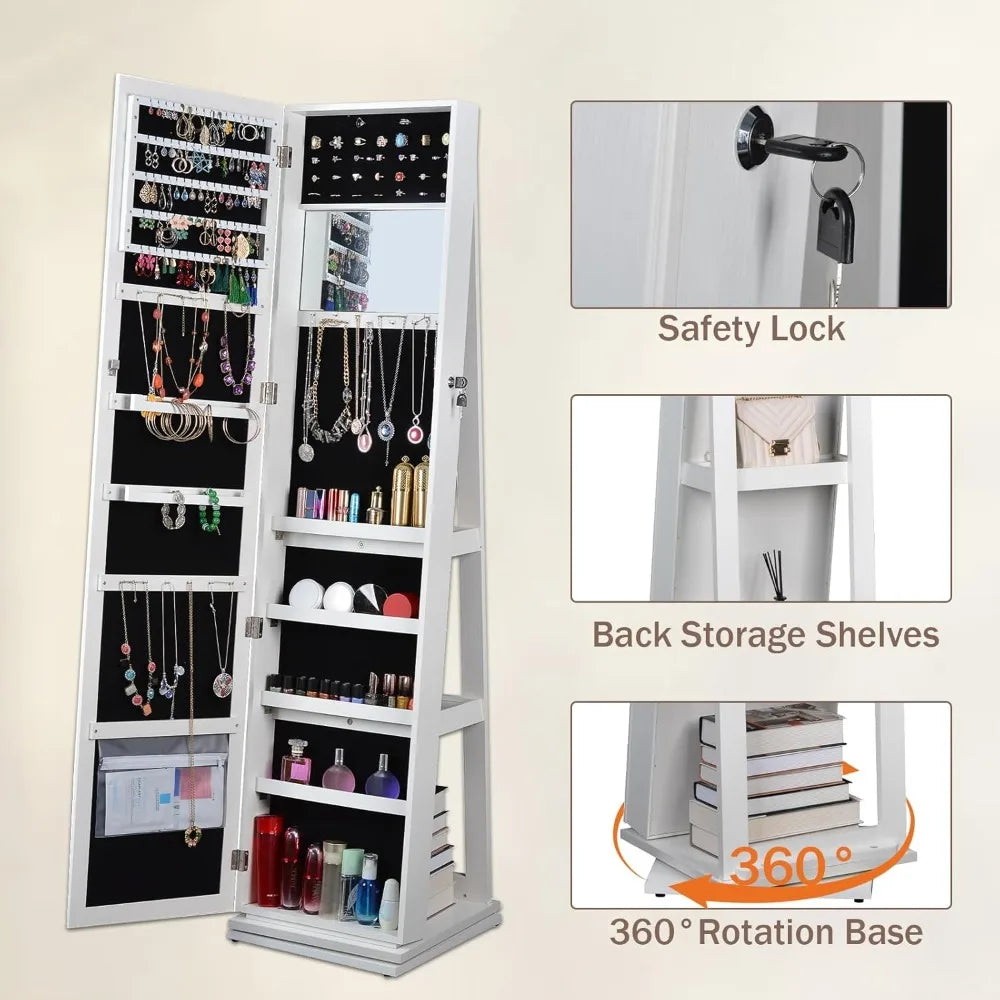 65 Inch Full Length Mirror Jewelry Cabinet 360 Swivel Lockable Organizer