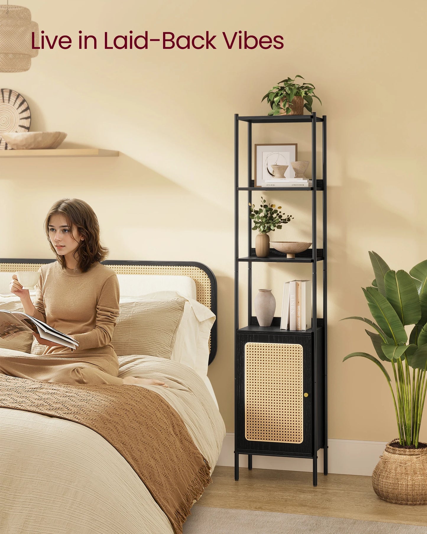 Ljustra 6-Tier Bookcase Rattan-Like Door Boho Style Metal Frame