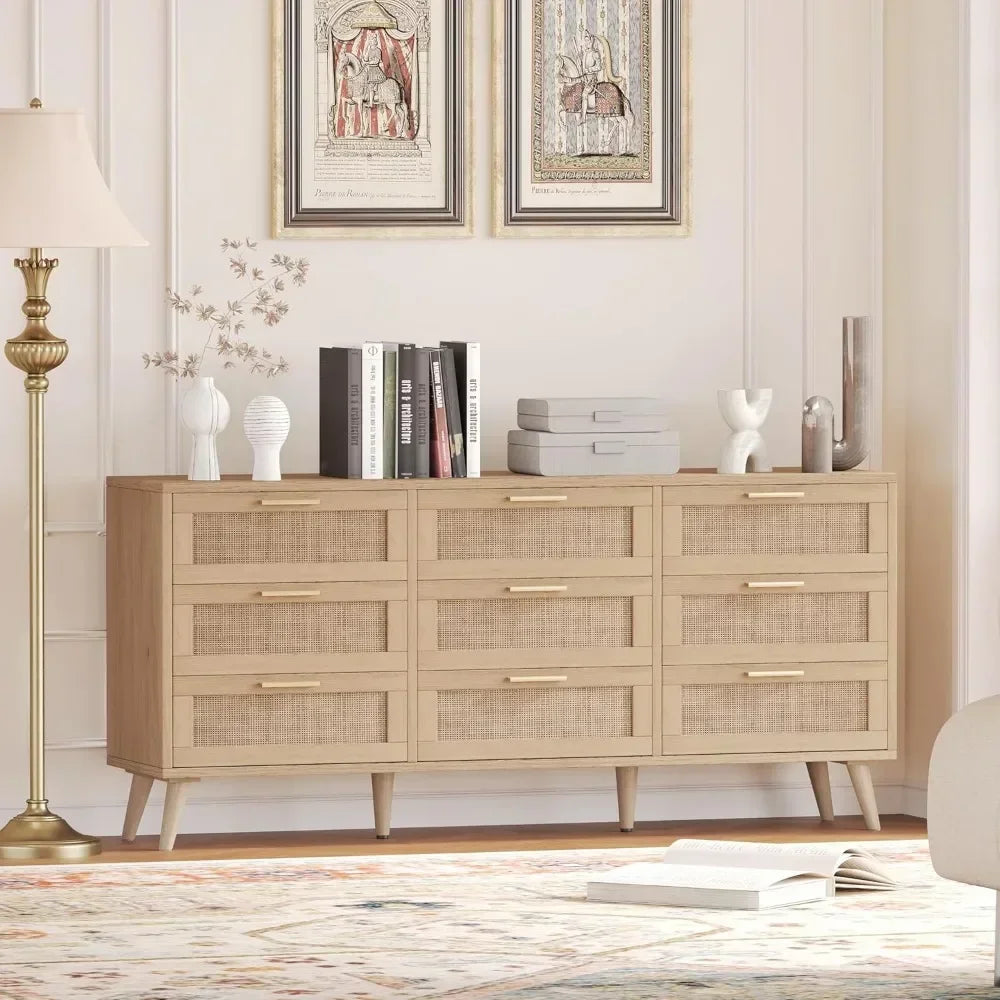 9 Drawer Double Dresser Modern Rattan Chest of Drawers Bedroom Storage