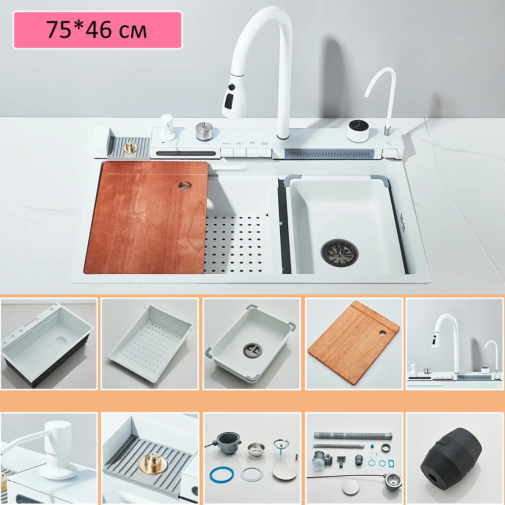Large Stainless Steel Kitchen Sink 75x45cm with Faucet Digital Display