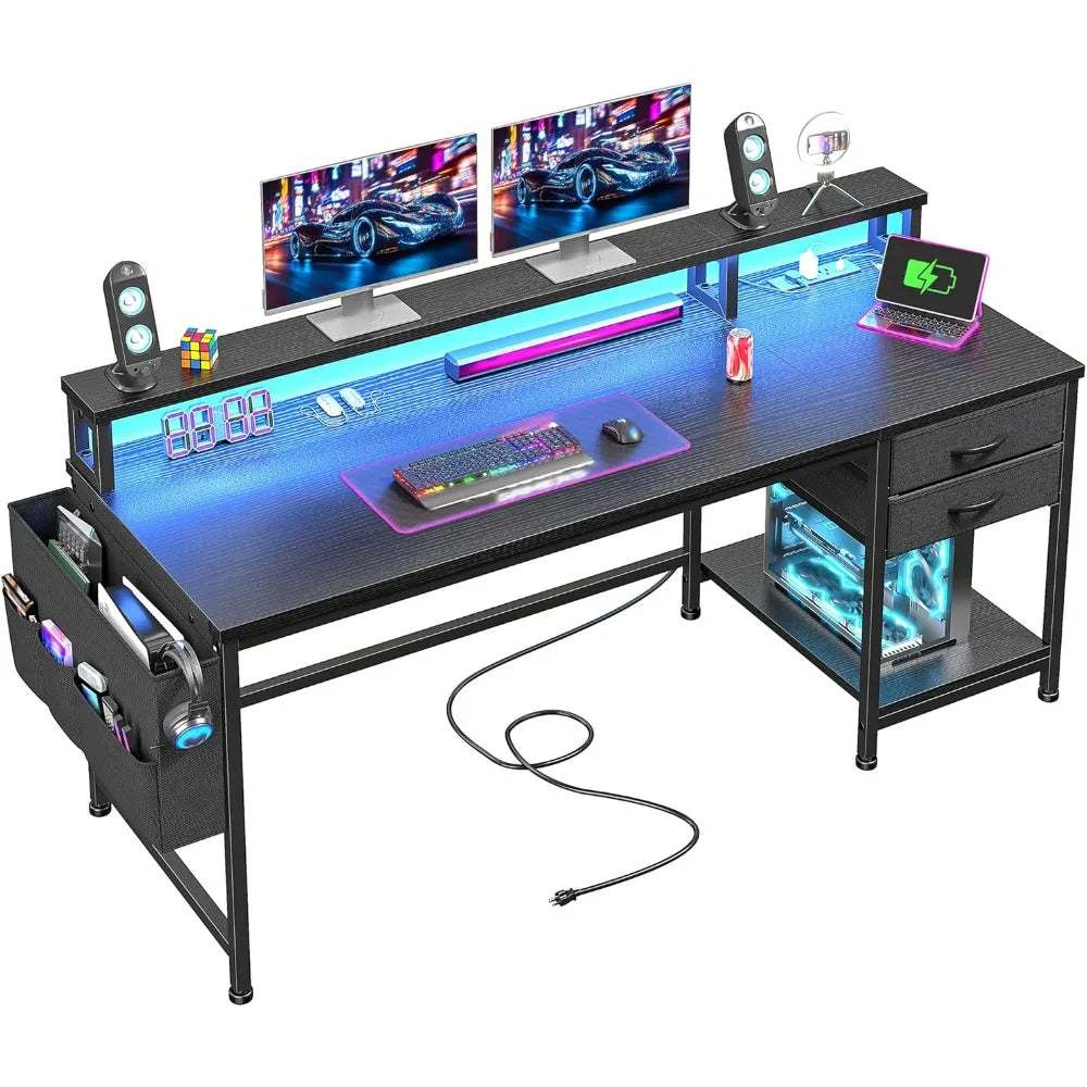 Ljustra Computer Desk with Drawers Storage Bag Power Outlets Monitor Stand