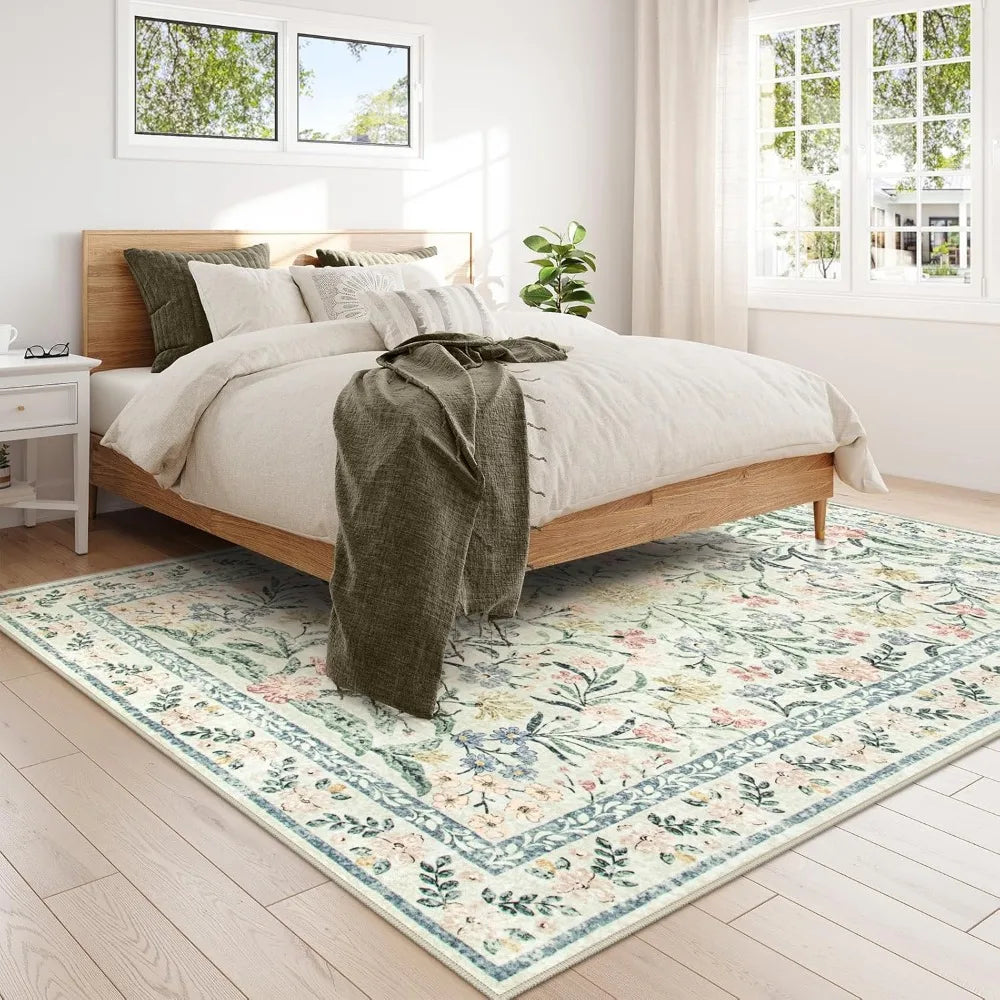 Boho Area Rug 8x10 Living Room Soft Non Slip Distressed Floral Carpet