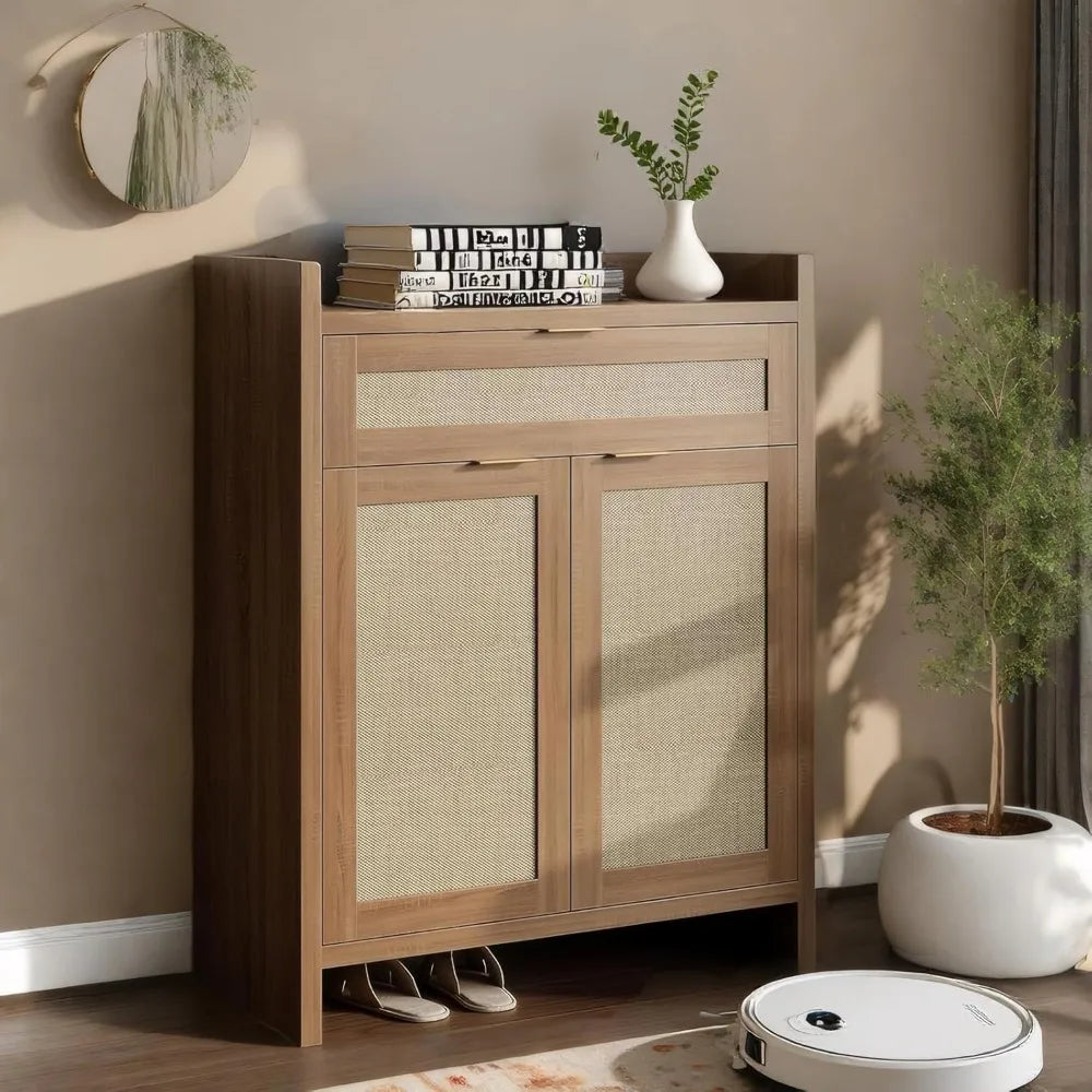Farmhouse Rattan Shoe Cabinet 32.4” Boho Style Organizer Storage
