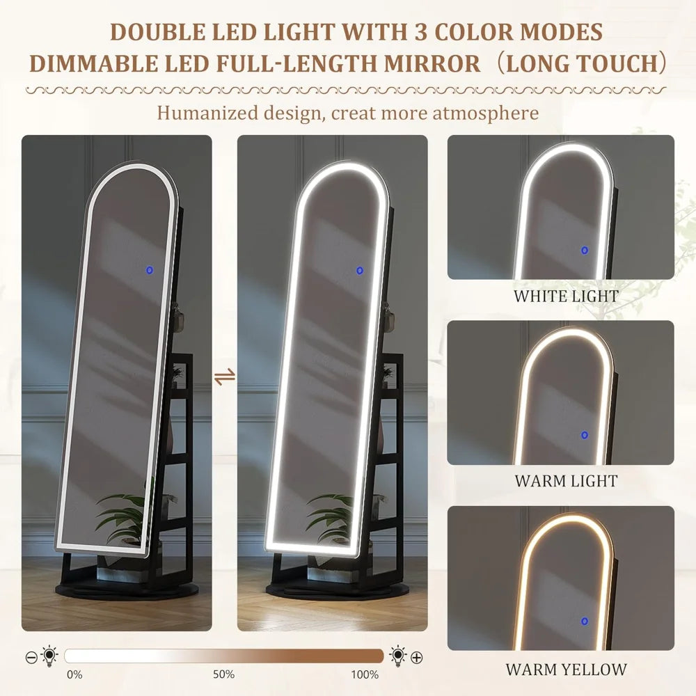 LED Mirror Jewelry Cabinet Lockable Standing Armoire with Adjustable Lights