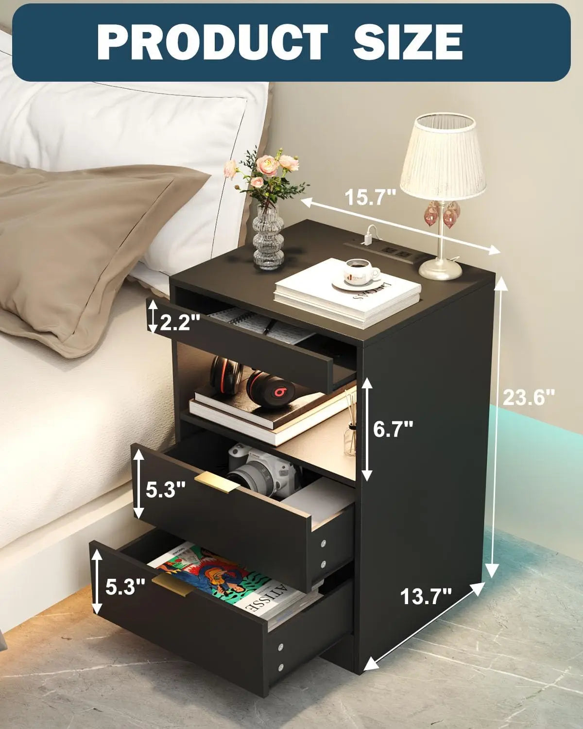 LED Nightstand with Charging Station and Drawers for Bedroom Decor