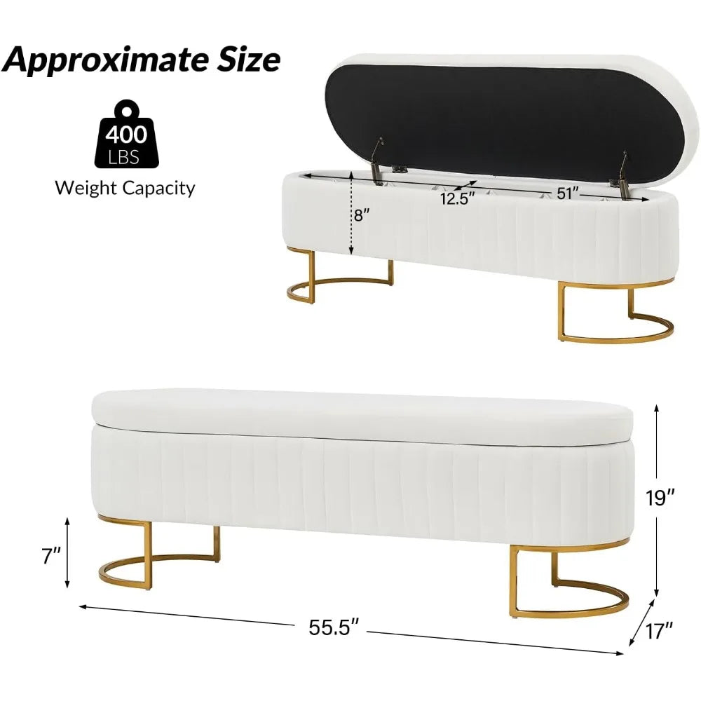 55.5 Inch Velvet Storage Ottoman Bench with Gold Legs Modern Design