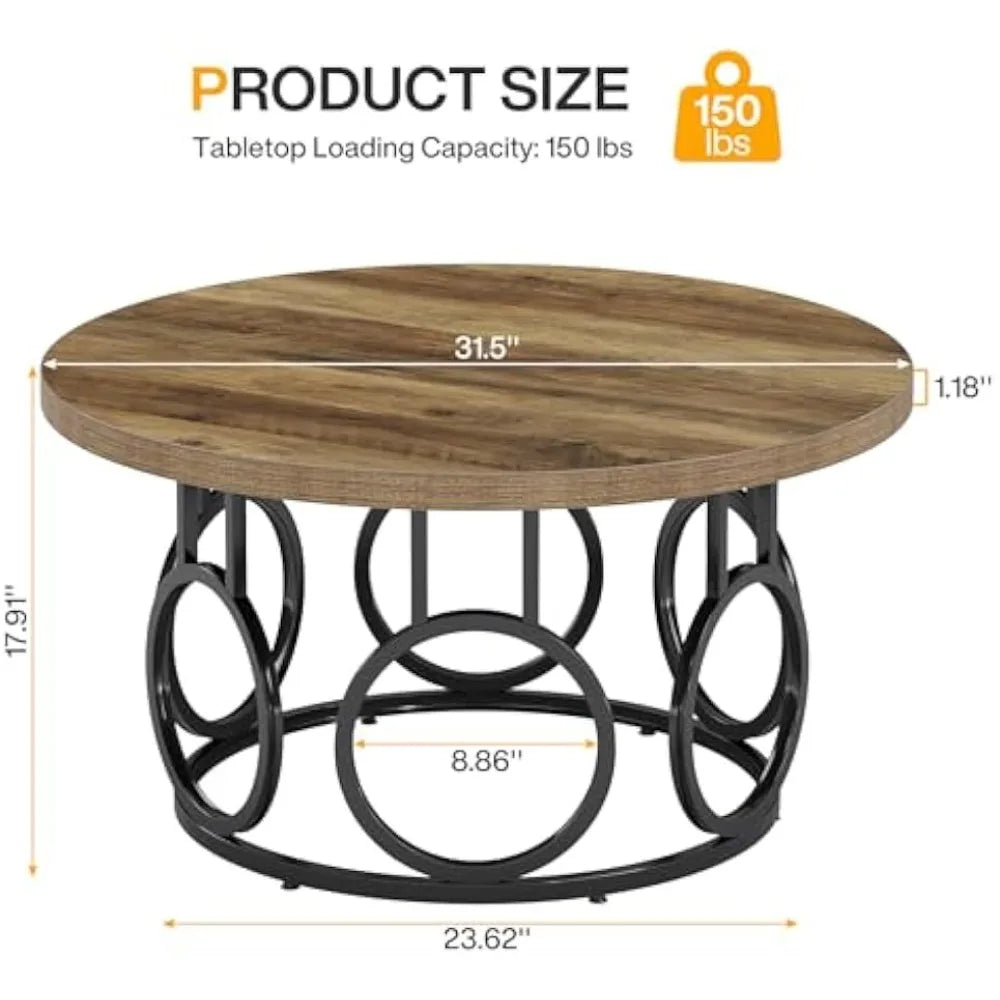 31.5 Inch Round Coffee Table Rustic Modern Accent Furniture Industrial Design