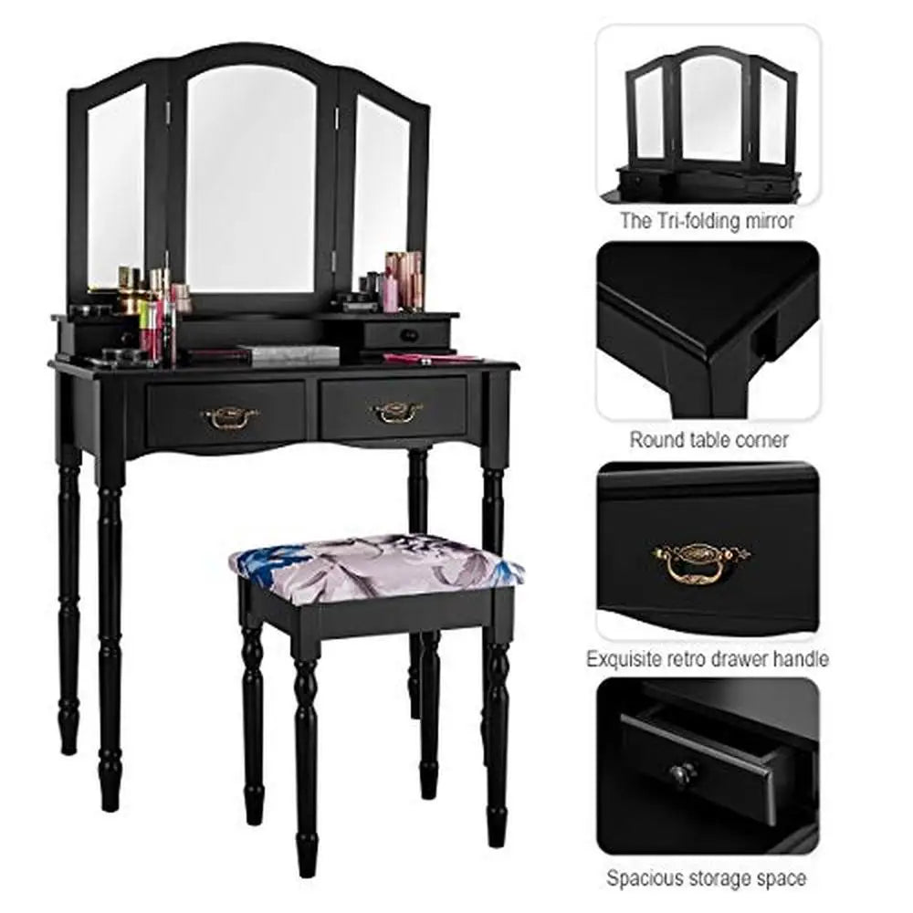 Makeup Vanity Set Writing Desk Trifold Mirror Stool Organizer Wood Retro