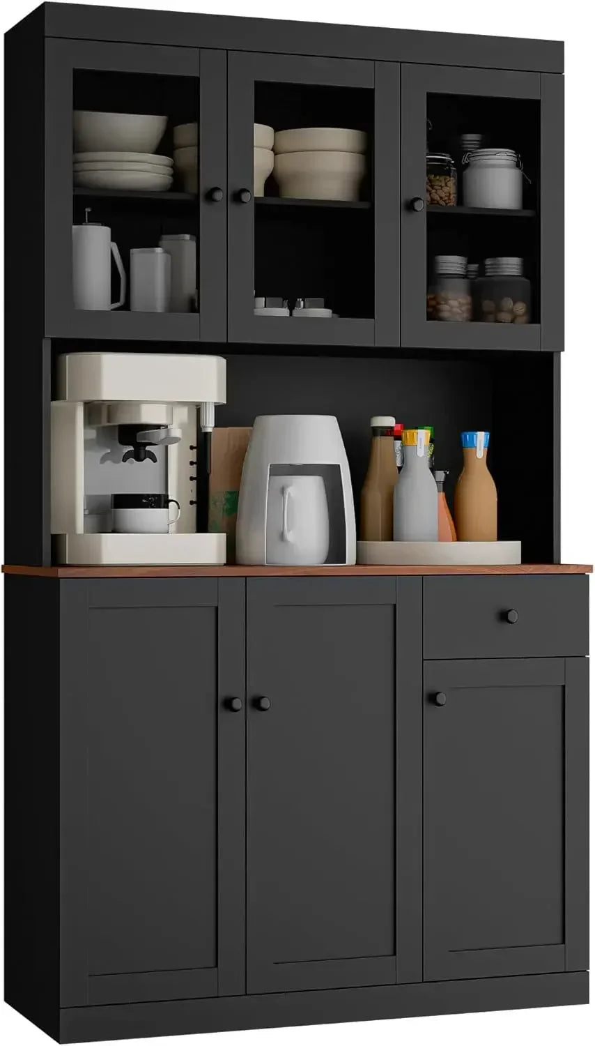 71 Inch Tall Kitchen Pantry Storage Cabinet with Microwave Stand Black