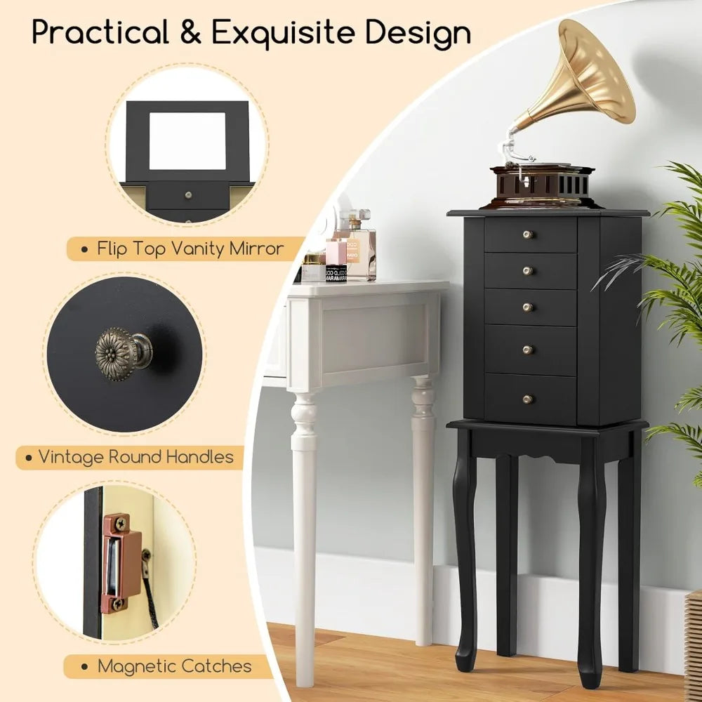 Jewelry Cabinet Armoire Chest with 4 Drawers Flip Top Mirror Hooks