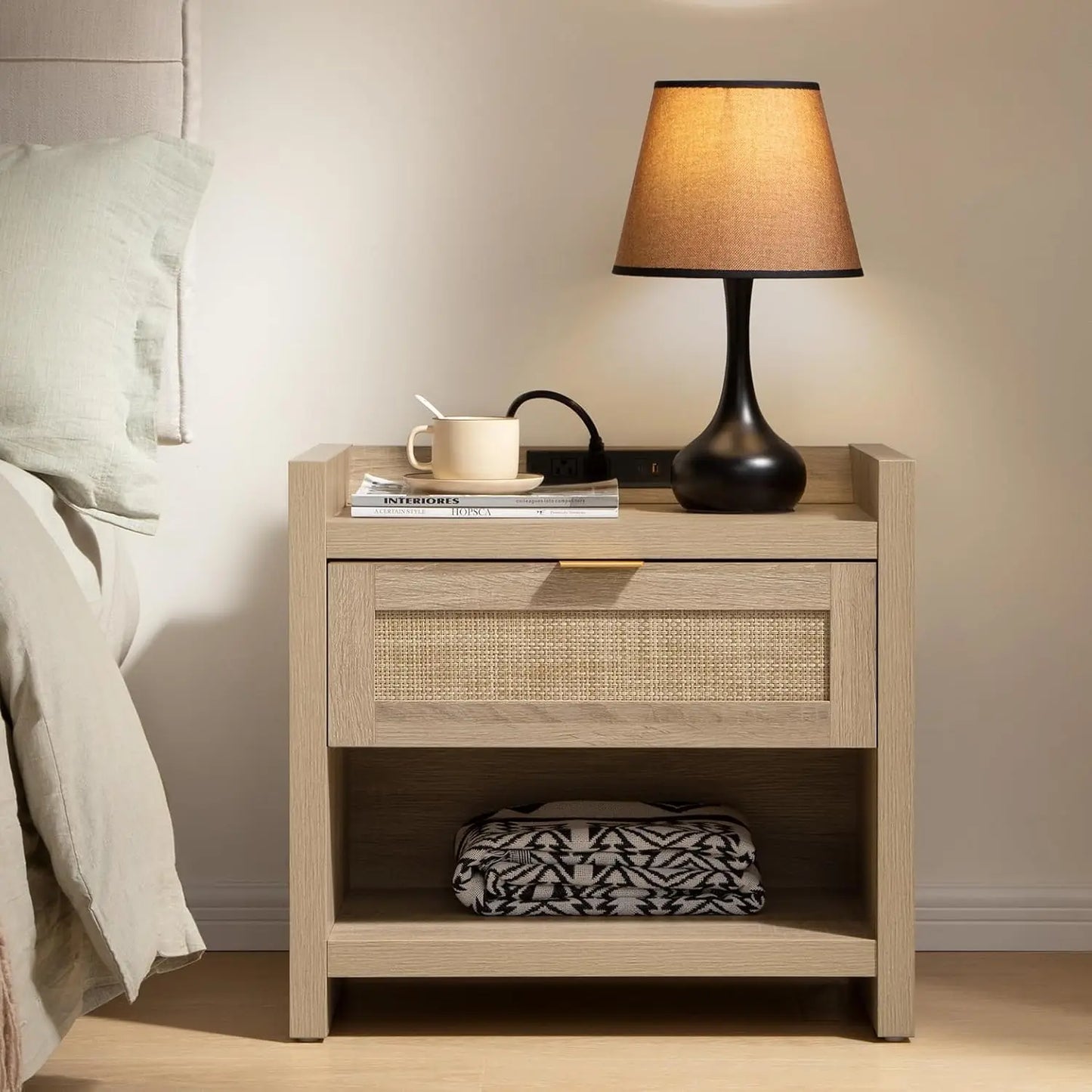 Rattan Nightstand with Type-C Charging Station 2 Drawers Storage