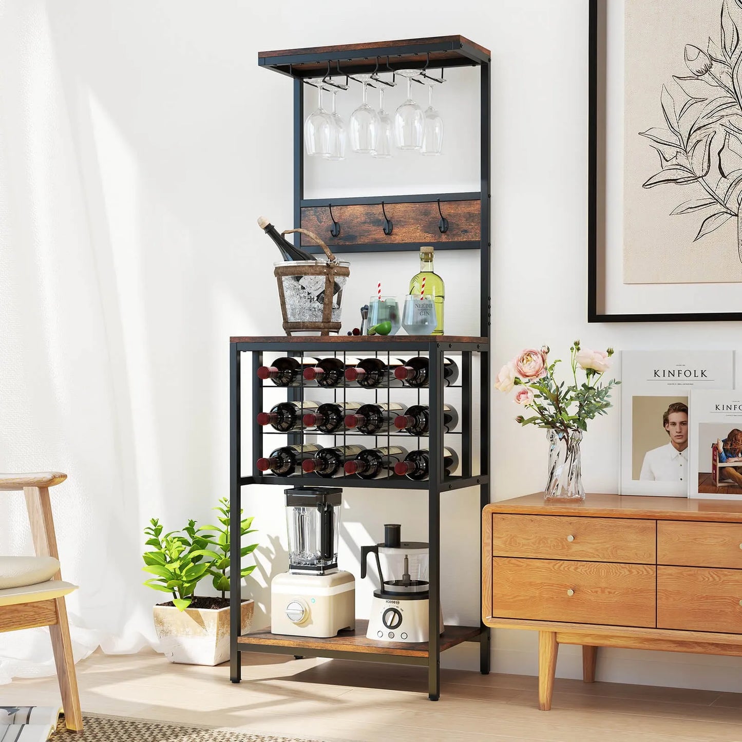 Freestanding Wine Rack Countertop Shelf with Glass Holder Storage