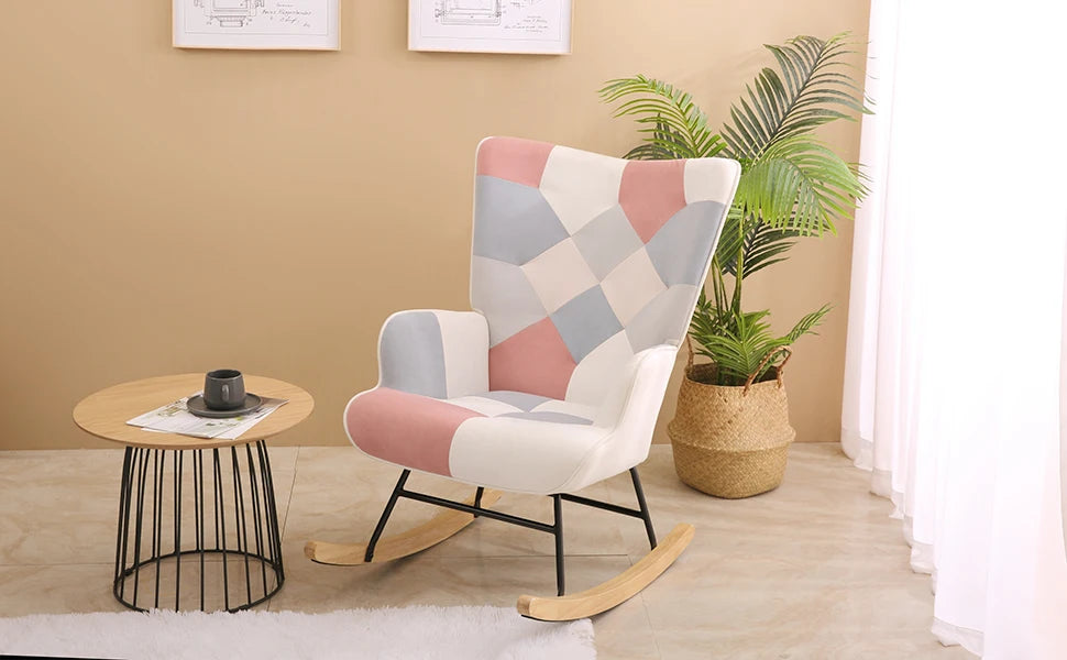 Mid Century Rocking Chair Fabric Recliner with Wood Legs for Living Room