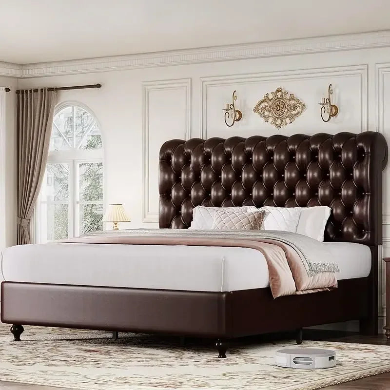 Ljustra King Size Platform Bed with 54 Inch Tall Headboard PU Leather