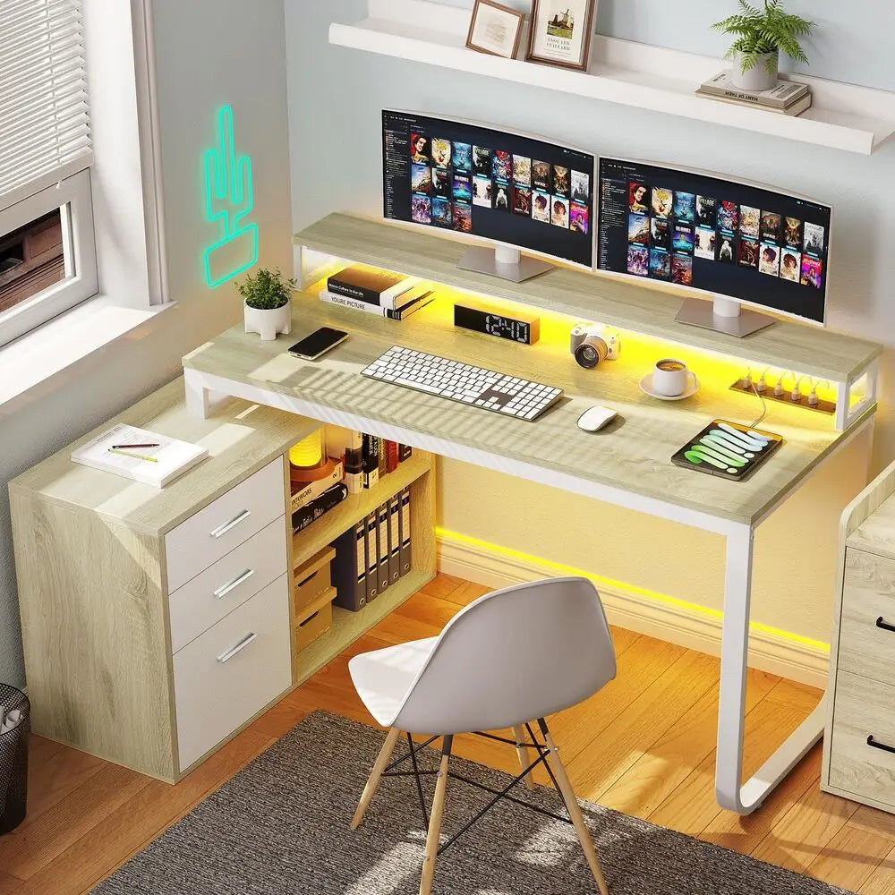 L-Shape Gaming Computer Desk with File Drawers for Home Office